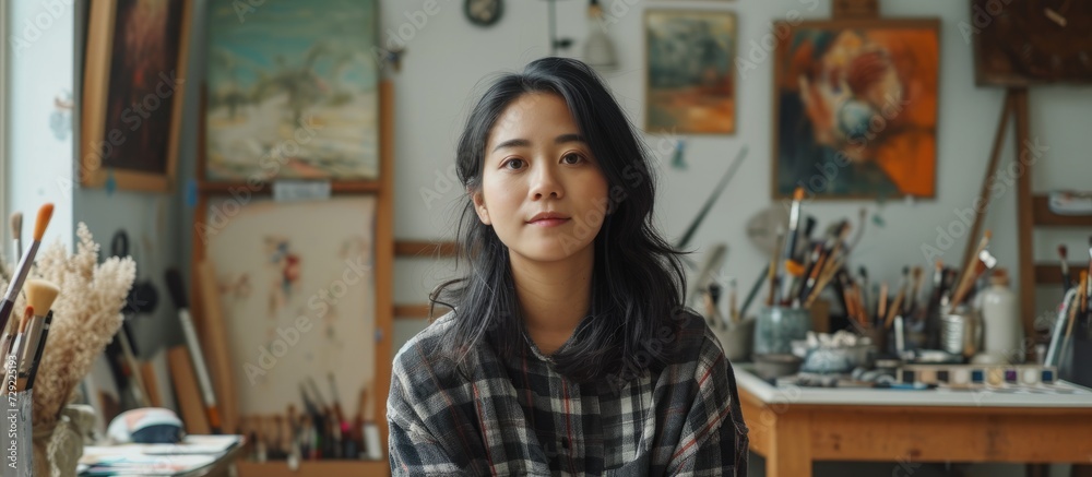Female Asian artist creating video content about art in her studio as a blogger. Female Asian artist creating video content about art in her studio as a blogger.