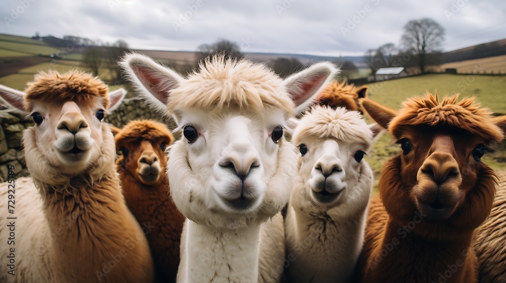 Group of alpaca looking at the camera on a sunny day