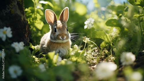 Cute little rabbit sitting in the grass on a sunny spring day © TAMA KUN