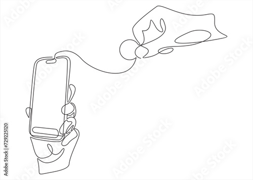 Hand with coin on a white background. The hand puts coins in the smartphone. The concept of online payment, donations, recharge, savings.Continuous one line. 