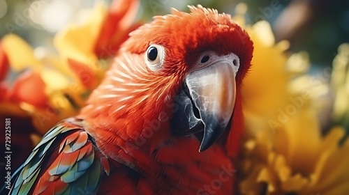 Beautiful macaw parrot on the background of tropical flowers.