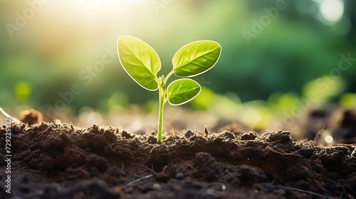 Green seedling growing from seed on blurred nature background, Ecology concept photo