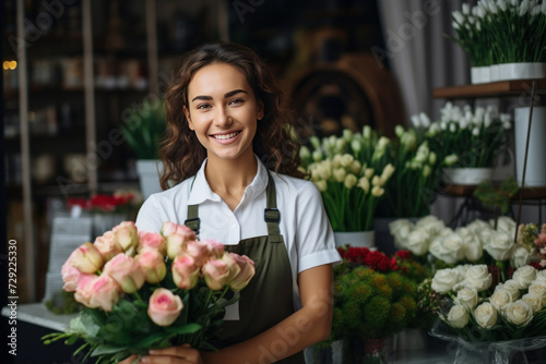 A cheerful young saleswoman is waiting for customers of the flower shop. Small business owner concept. © Wararat