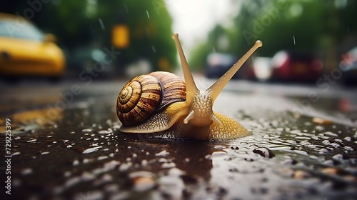Snail crawling on wet road with rain drops on wet glass.