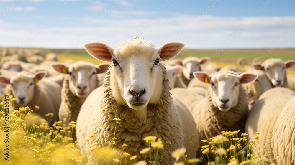 Obraz premium Sheep in a field of yellow flowers, close-up.