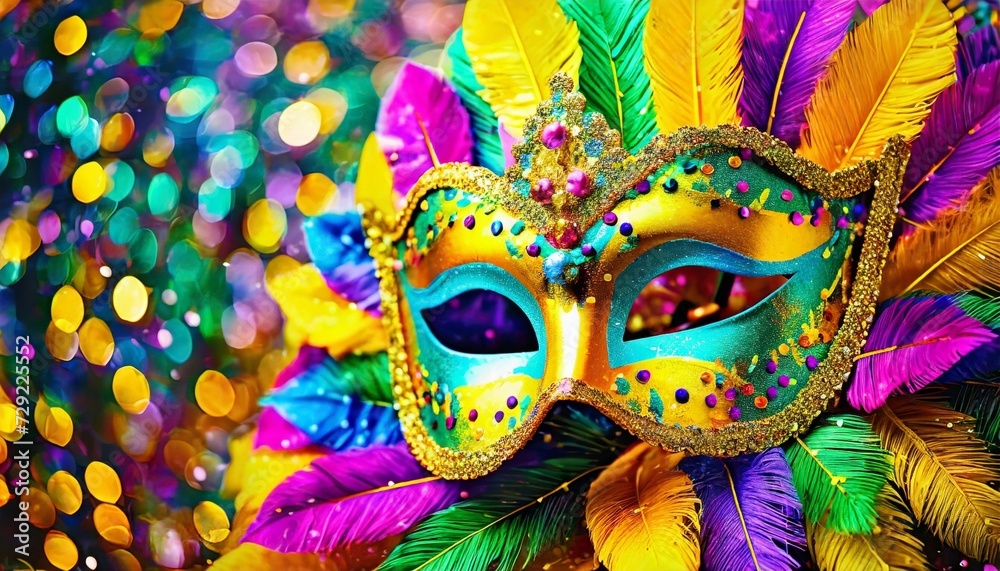 Mardi Gras masquerade mask with feathers, bokeh on background. Venetian festival. Carnival disguise. Festive face accessory.