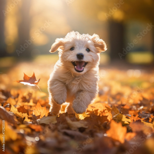 A funny happy cute dog puppy running, smiling in the leaves. Autumn fall background.