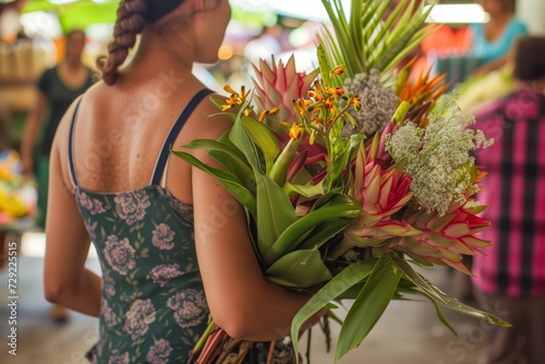 lady holding an arrangement of exotic flowers, walking through a market
