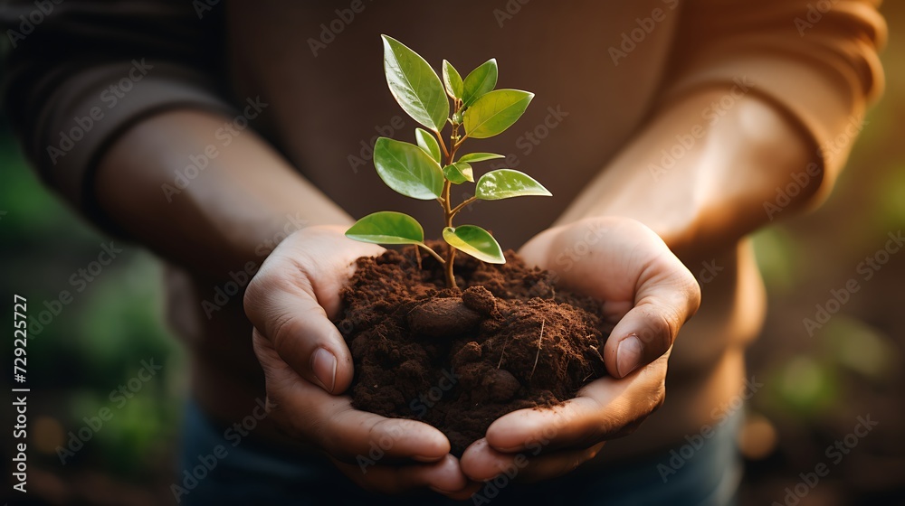 Close up of male hands holding young green plant with soil in nature background Close up of male hands holding young green plant with soil in nature background