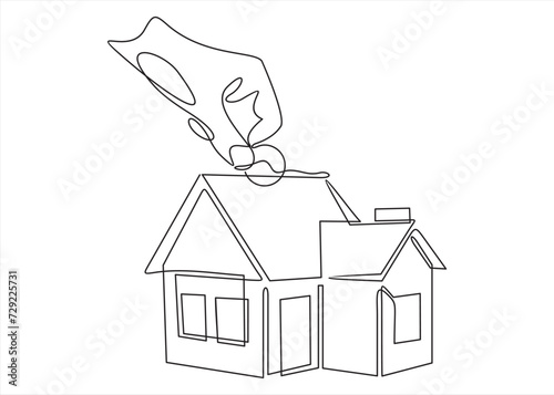Saving income for future housing concept, Business human hand hold coin with house, Digital marketing illustration.Continuous line art or One Line Drawing