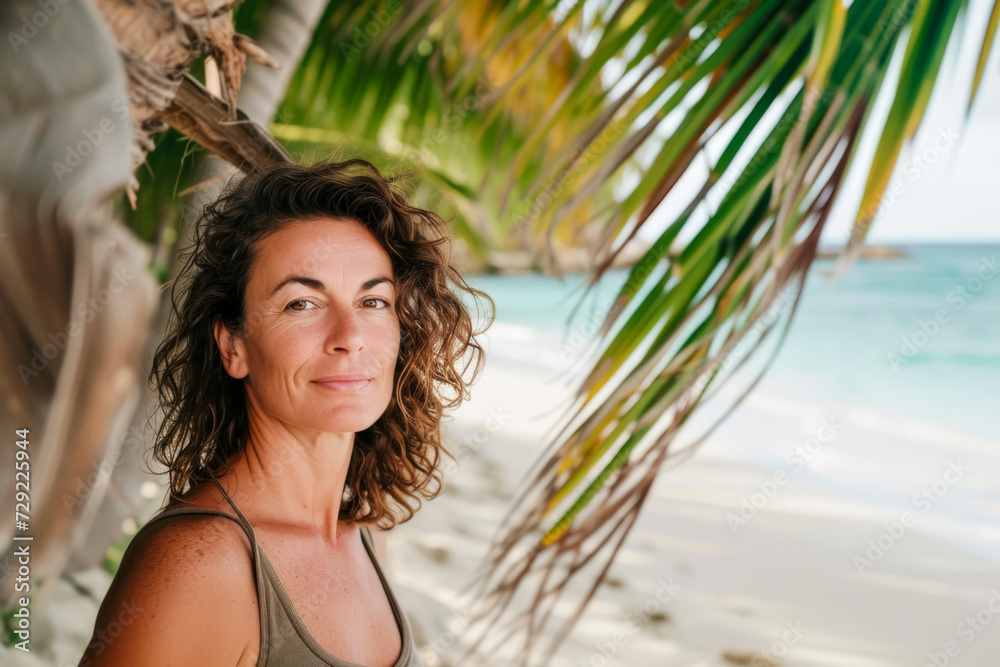 Portrait of a beautiful senior woman by the ocean under a palm tree. The woman looks straight into the frame, concept. holidays and trips to the sea Portrait of a beautiful senior woman by the ocean under a palm tree. The woman looks straight into the frame, concept. holidays and trips to the sea