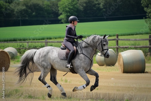 person on dapple grey horse trotting past a field with round hay bales
