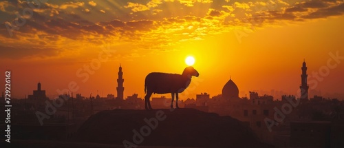 silhouette of a sheep prominently featured in the foreground city scape