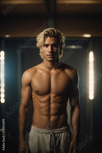 Shirtless Man Standing in Dimly Lit Room. Generative AI.