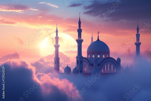 mosque sea of fluffy clouds under a star-studded night sky with the Milky Way galaxy © Suhardi