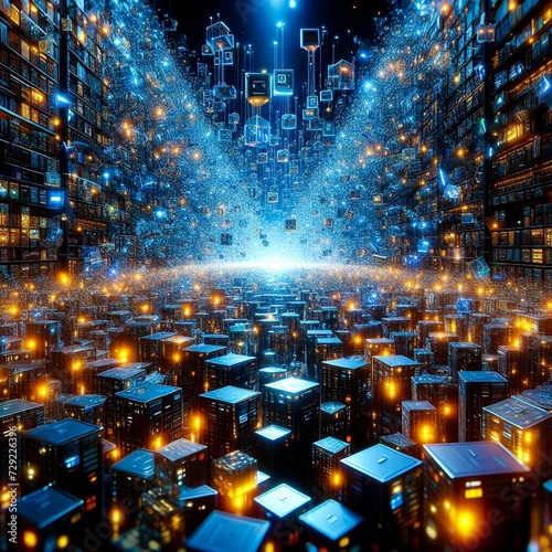 Data deluge a vast library overflowing with glowing data cubes. © sayem_arts
