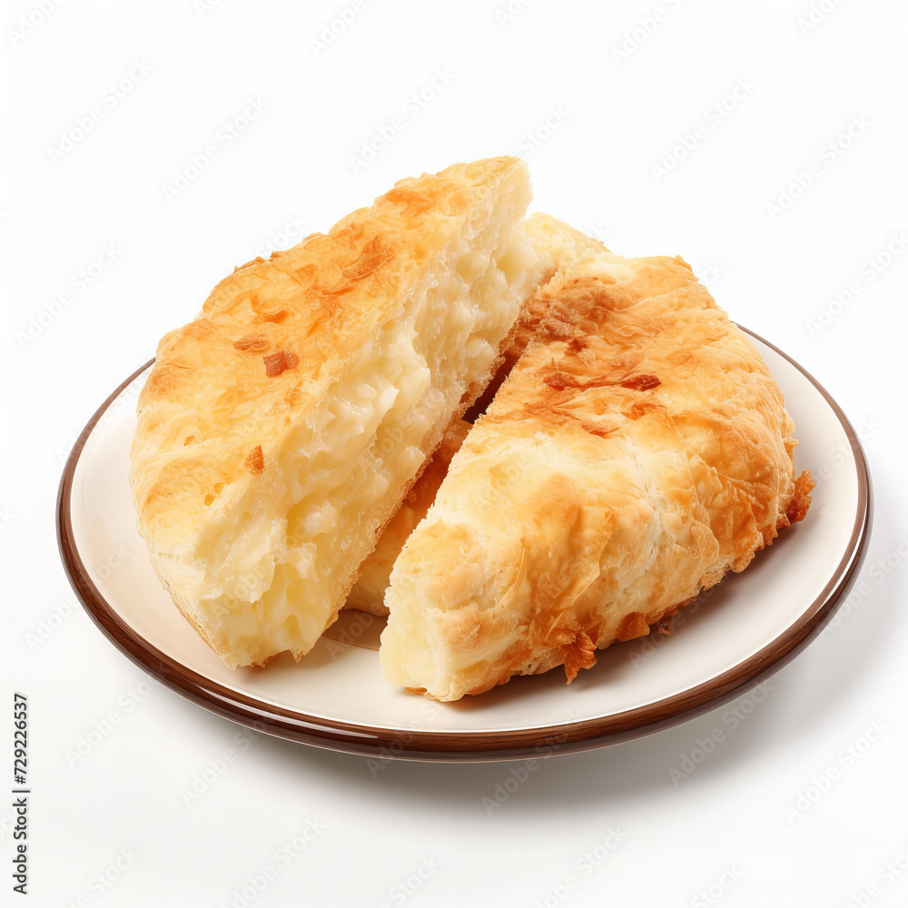 Freshly Baked Cheese-Stuffed Pastry on Plate - High-Quality Delicious Breakfast Bread Isolated on White Background
