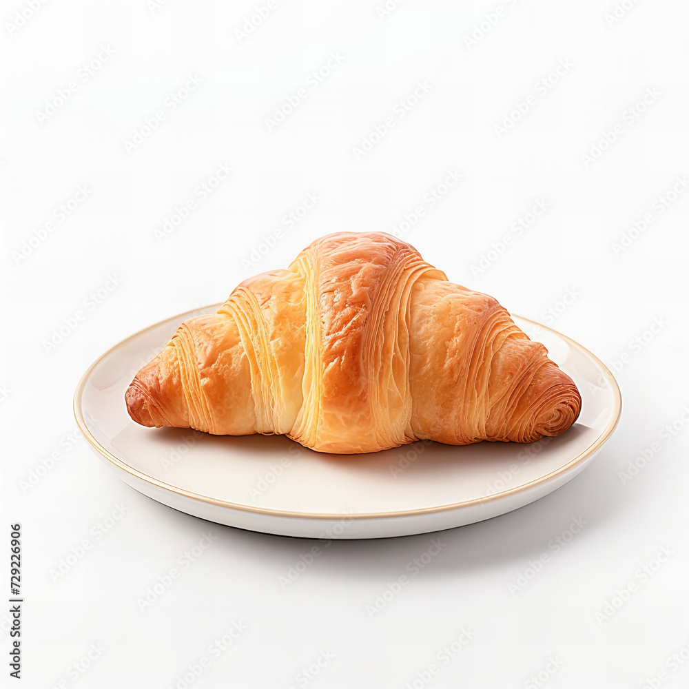 Freshly Baked Golden Croissant on a White Plate Isolated on White Background - Gourmet French Pastry Concept
