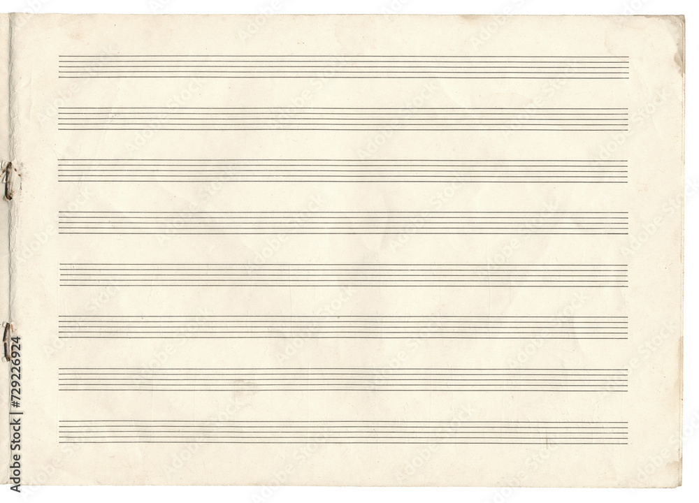 Naklejka premium Music old notebook sheet in a ruler for recording notes. Horizontal music page with five-line staff without key. Music notation elements for design.