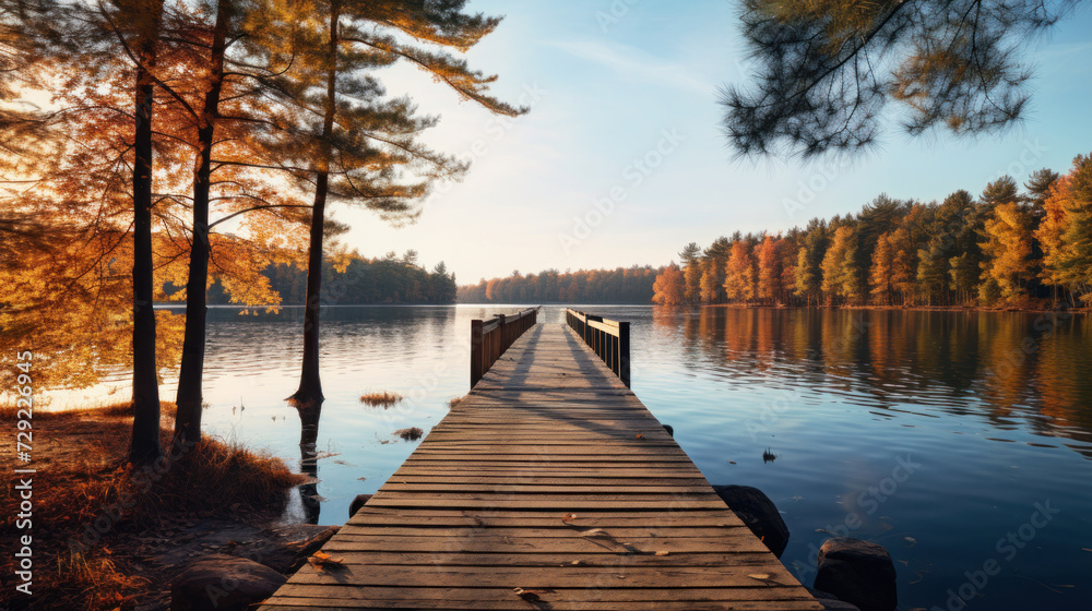 Obraz premium Autumn forest landscape with wooden pier.