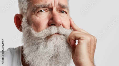 Senior bearded man isolated white background. Portrait of a confident 60s 70s mid aged mature man touching his stylish beard. Bearded aging model man with serious expression. Fashion male older model.