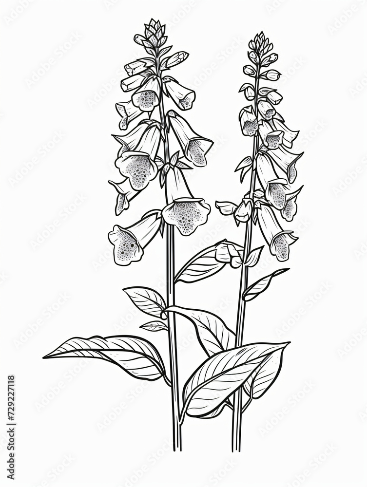 Black and white style line drawing foxglove flowers Black and white style line drawing foxglove flowers