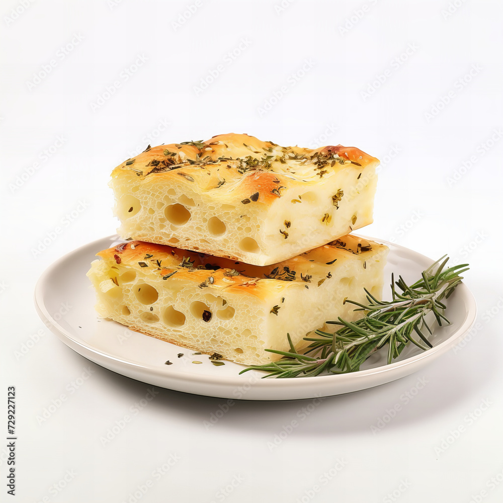 Freshly Baked Herb Focaccia Bread Slices on Plate with Rosemary Garnish - Gourmet Italian Bakery Delights - High-Resolution Image Freshly Baked Herb Focaccia Bread Slices on Plate with Rosemary Garnish - Gourmet Italian Bakery Delights - High-Resolution Image