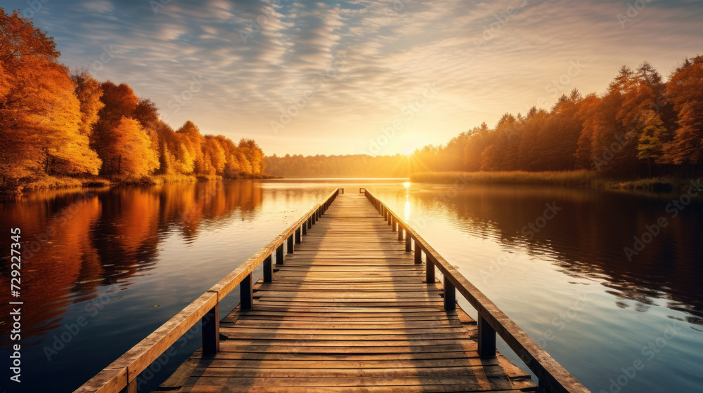 Fototapeta premium Autumn forest landscape with wooden pier.