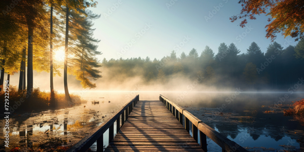 Autumn forest landscape with wooden pier. - obrazy, fototapety, plakaty 