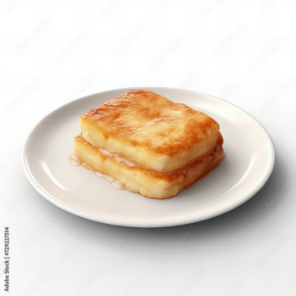 Gourmet Baked Cheese Saganaki Dish on White Plate Isolated, Traditional Greek Cuisine, Delicious Appetizer, High-Quality Food Image