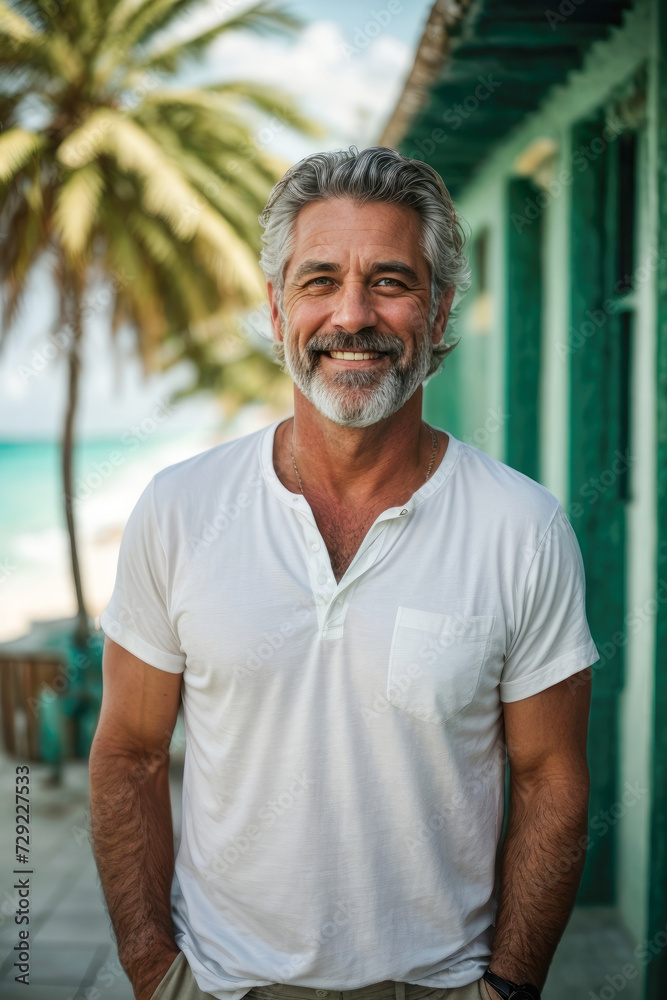 Fototapeta premium handsome happy man with beard and gray hair on vacation posing at a seaside resort