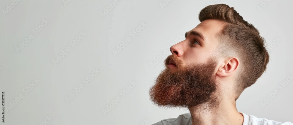 Fototapeta premium Handsome well groomed bearded man on white background, space for text. Beard style for men, beard care grooming. Barbershop banner template. Male cosmetology and beard health concept