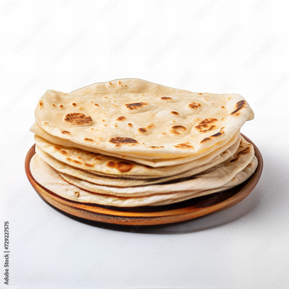 Stack of Fresh Homemade Flatbread on Wooden Plate Isolated on White Background - Culinary Delights Stack of Fresh Homemade Flatbread on Wooden Plate Isolated on White Background - Culinary Delights
