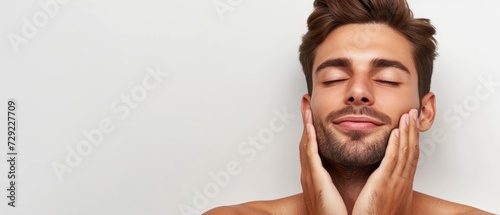 Man Enjoying Skincare Routine. Close-up of a content young man with eyes closed, gently touching his smooth, clean-shaven face, evoking a sense of self-care and relaxation on a white background
