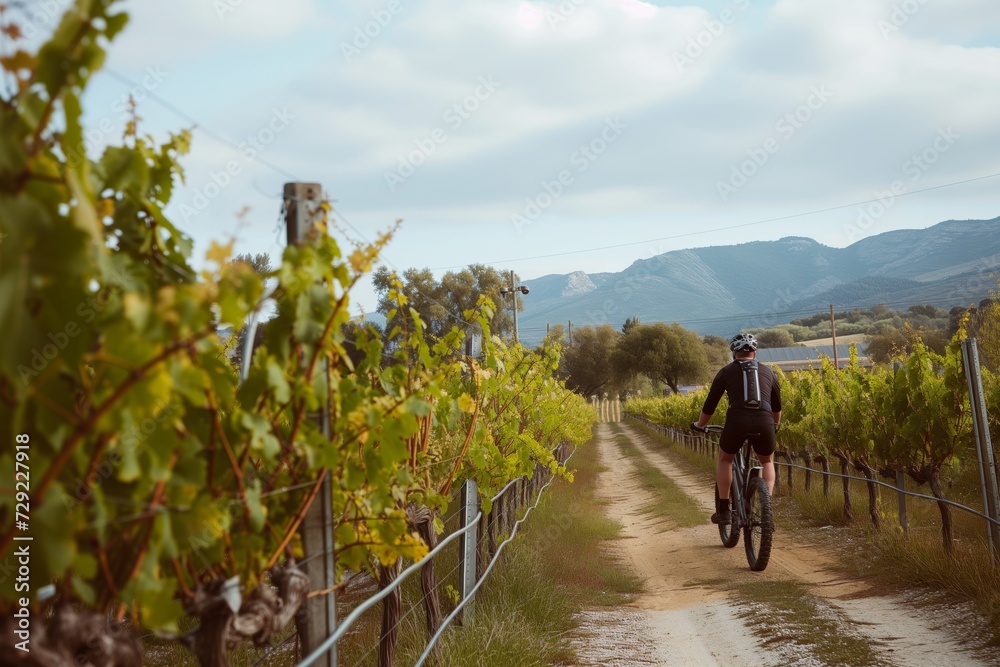 Obraz premium man riding next to a vineyard