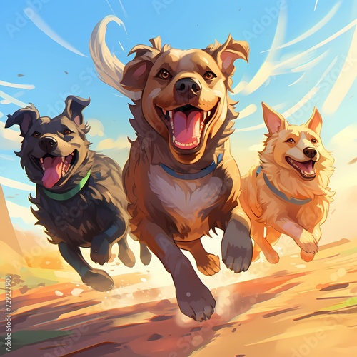 Medium shot focusing on a group of dogs of various sizes and breeds engaging in a playful chase, with expressive faces and exaggerated body language