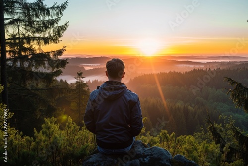 Wallpaper Mural guy watching sunrise from forest hilltop