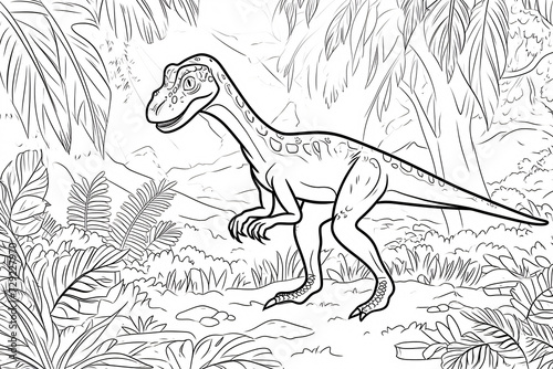 Troodon Dinosaur Black White Linear Doodles Line Art Coloring Page, Kids Coloring Book