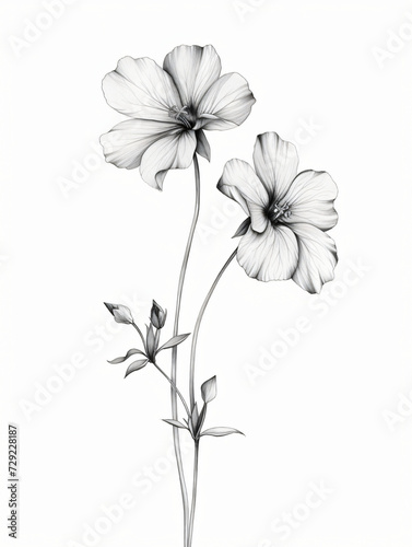 Black and white style line drawing geraniums flowers