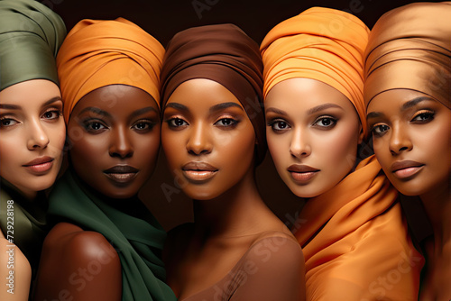 six turban clad women on brown background, pop colorism, light amber and gray, light orange and dark emerald, neutral color palette