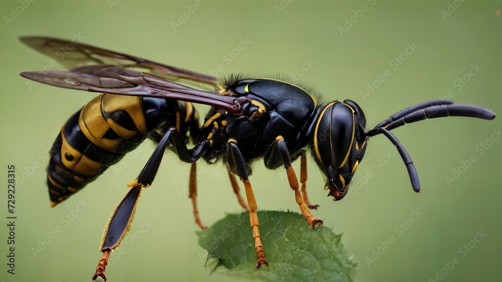 a close up of a wasp on a leaf with a green background a close up of a wasp on a leaf with a green background