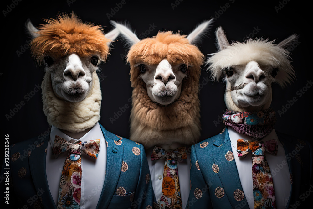 some alpacas wear suits and tie, in the style of in portraits, studio photography, avocadopunk creations, soft focus