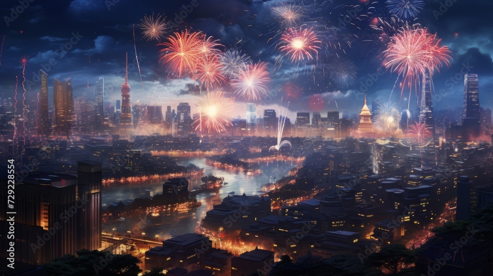 Aerial view of a fireworks festival lighting up the skyline of a bustling metropolis Generative AI