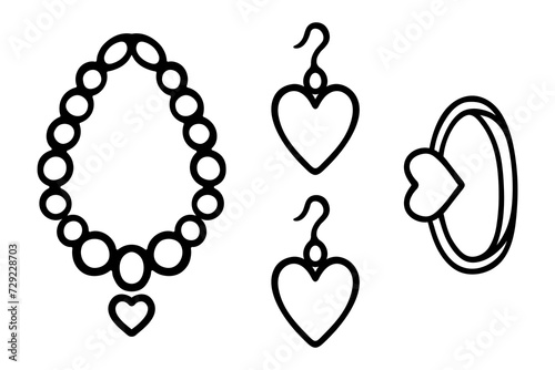 Collection of jewelry. Sketch. Set of vector illustrations. Earrings with a hook decorated with a heart, a beaded necklace with a heart pendant, a finger ring with a heart-shaped stone. 