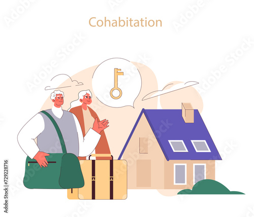 Cohabitation. Senior couple with luggage ready to start a new chapter in home together. Sharing a key to their new life. Flat vector illustration
