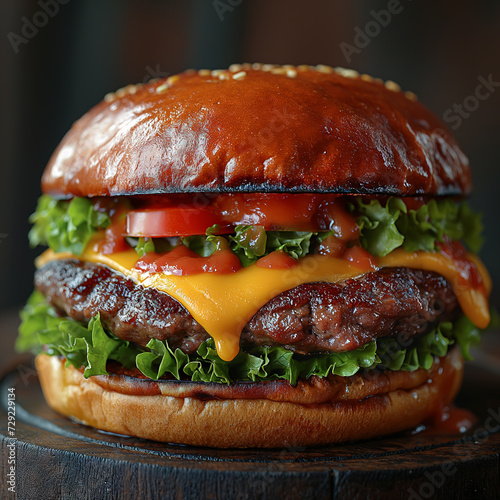Un cheeseburger classique avec oignon rouge, tomate, cornichon, laitue frisée et fromage fondu, servi sur un pain brioché photo
