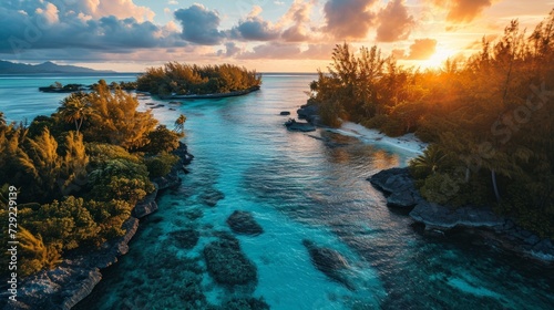 Aerial view of stunning atolls, warm sunset glow, crystal-clear waters, detailed drone-captured French Polynesia at dusk Generative AI