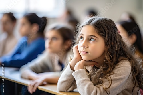 Young girl sitting at desk in classroom.