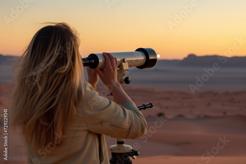 woman looking through telescope with desert horizon