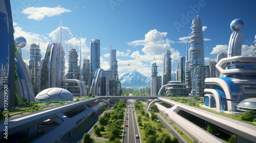 An artistic representation of a futuristic city featuring energy-efficient buildings  innovative transportation modes  and a forward-thinking urban environment Generative AI
